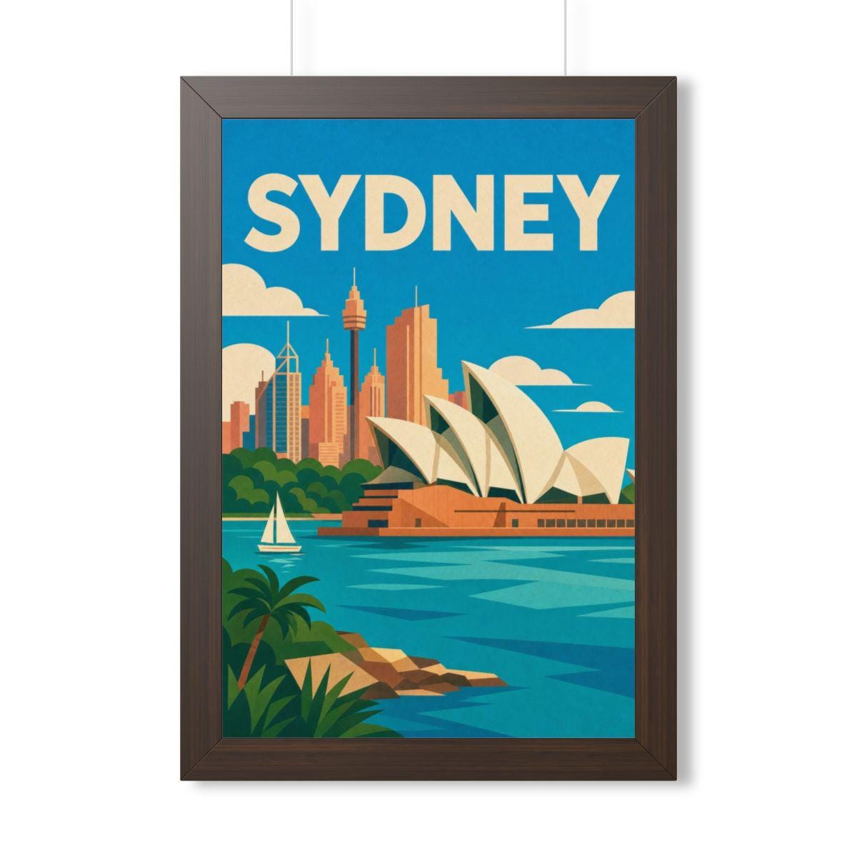 Sydney Opera House Australia Framed Poster | Vintage Travel Wall Art | Black Walnut White Frame | 16x24 20x30
