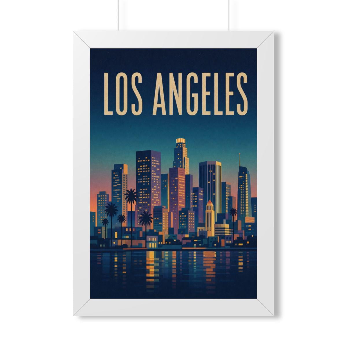 Los Angeles at Night United States Framed Poster | Vintage Travel Wall Art | Black Walnut White Frame | 16x24 20x30