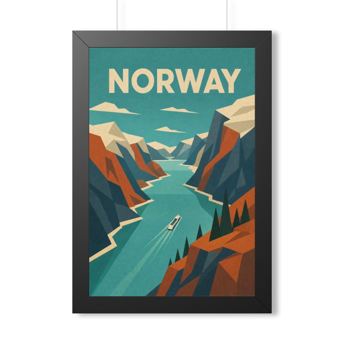 Norway Fjord Norway Framed Poster | Vintage Travel Wall Art | Black Walnut White Frame | 16x24 20x30
