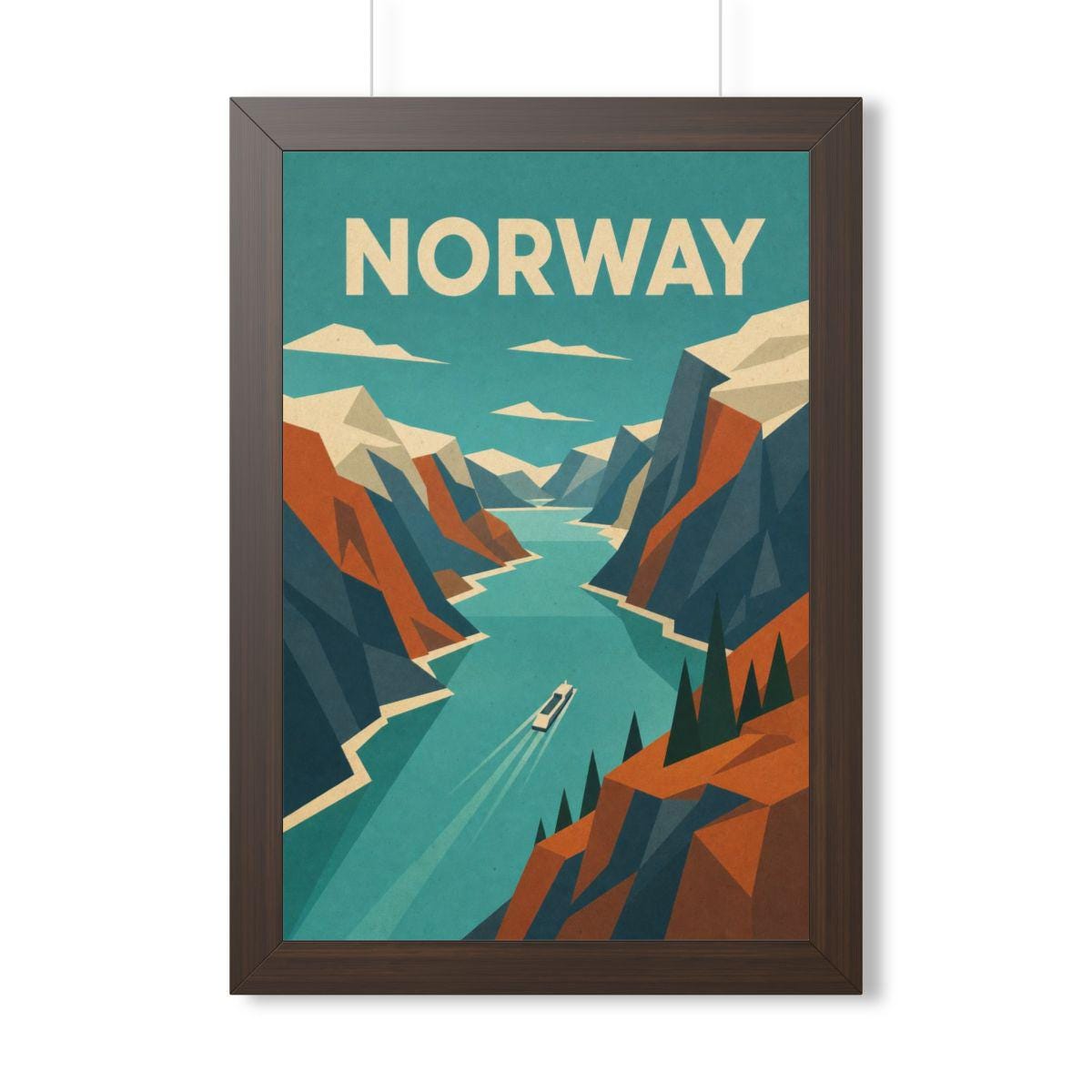Norway Fjord Norway Framed Poster | Vintage Travel Wall Art | Black Walnut White Frame | 16x24 20x30