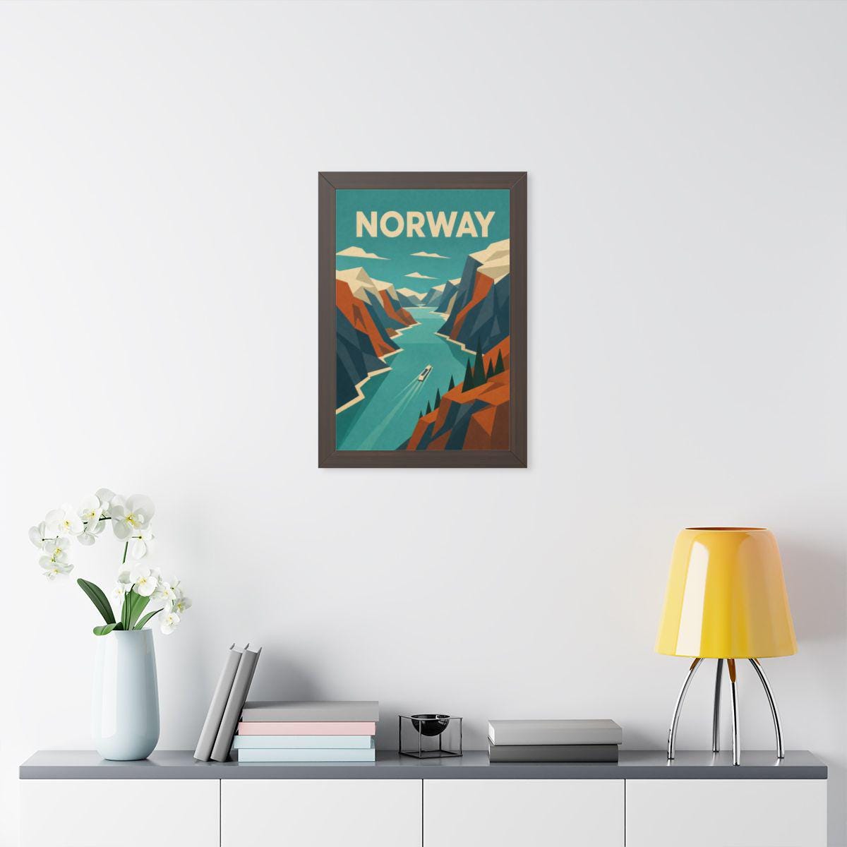 Norway Fjord Norway Framed Poster | Vintage Travel Wall Art | Black Walnut White Frame | 16x24 20x30