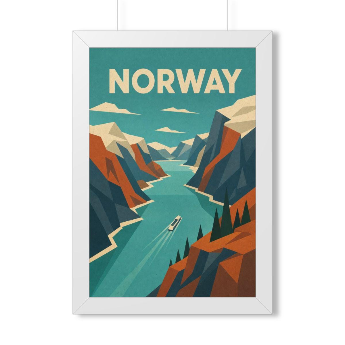 Norway Fjord Norway Framed Poster | Vintage Travel Wall Art | Black Walnut White Frame | 16x24 20x30