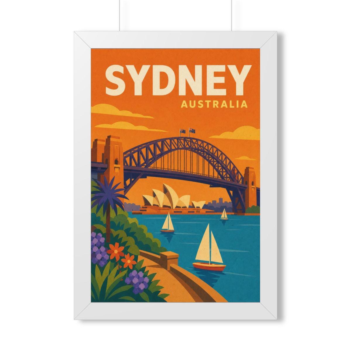 Sydney Harbour Australia Framed Poster | Vintage Travel Wall Art | Black Walnut White Frame | 16x24 20x30