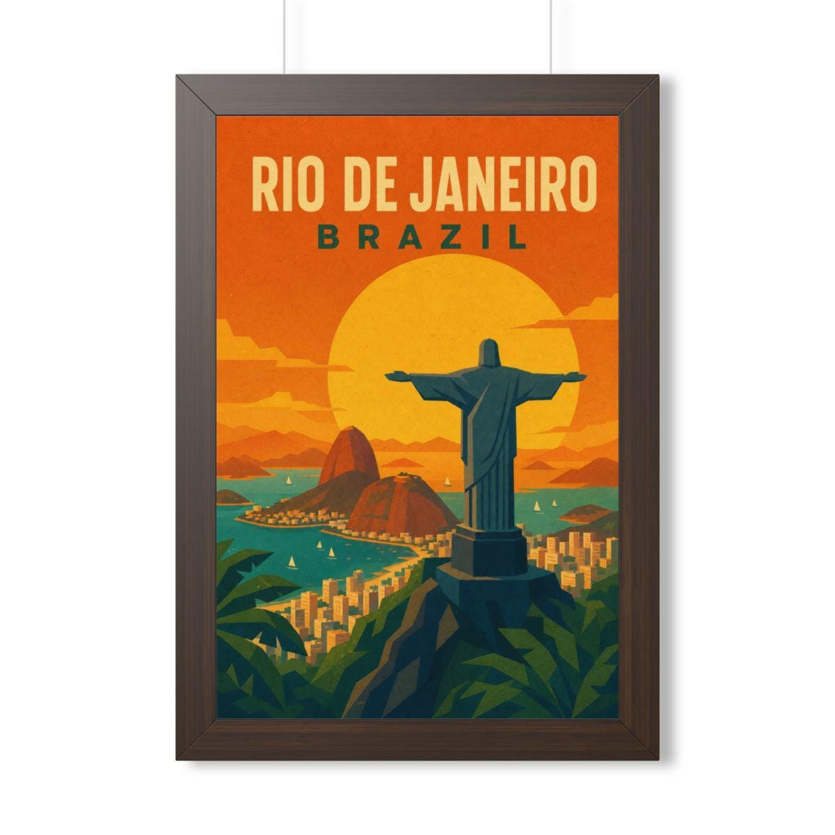 Rio de Janeiro Sunset Brazil Framed Poster | Vintage Travel Wall Art | Black Walnut White Frame | 16x24 20x30