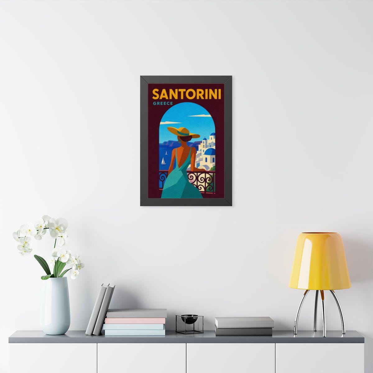 Santorini Greece Framed Poster | Vintage Travel Wall Art | Black Walnut White Frame | 16x24 20x30