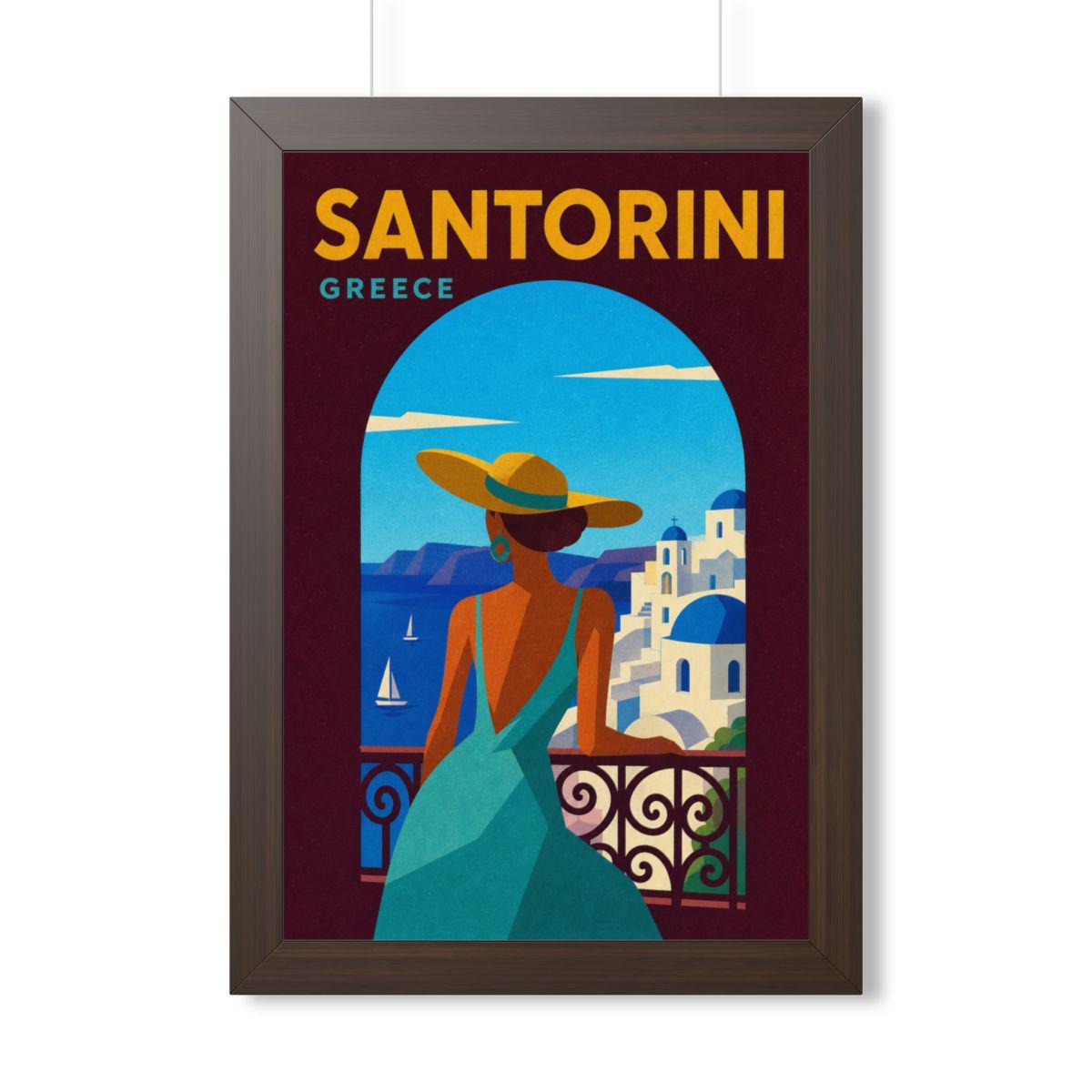 Santorini Greece Framed Poster | Vintage Travel Wall Art | Black Walnut White Frame | 16x24 20x30