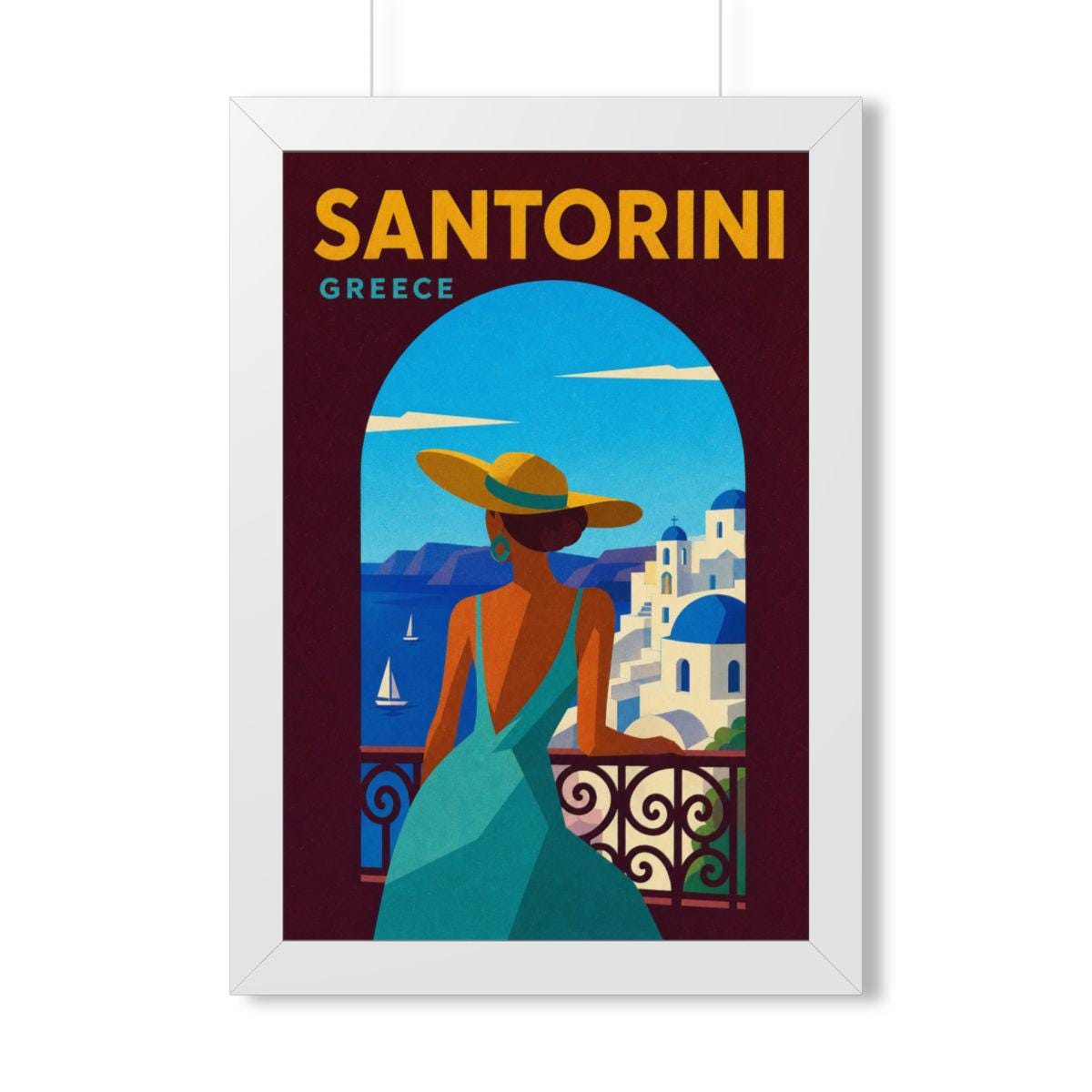 Santorini Greece Framed Poster | Vintage Travel Wall Art | Black Walnut White Frame | 16x24 20x30