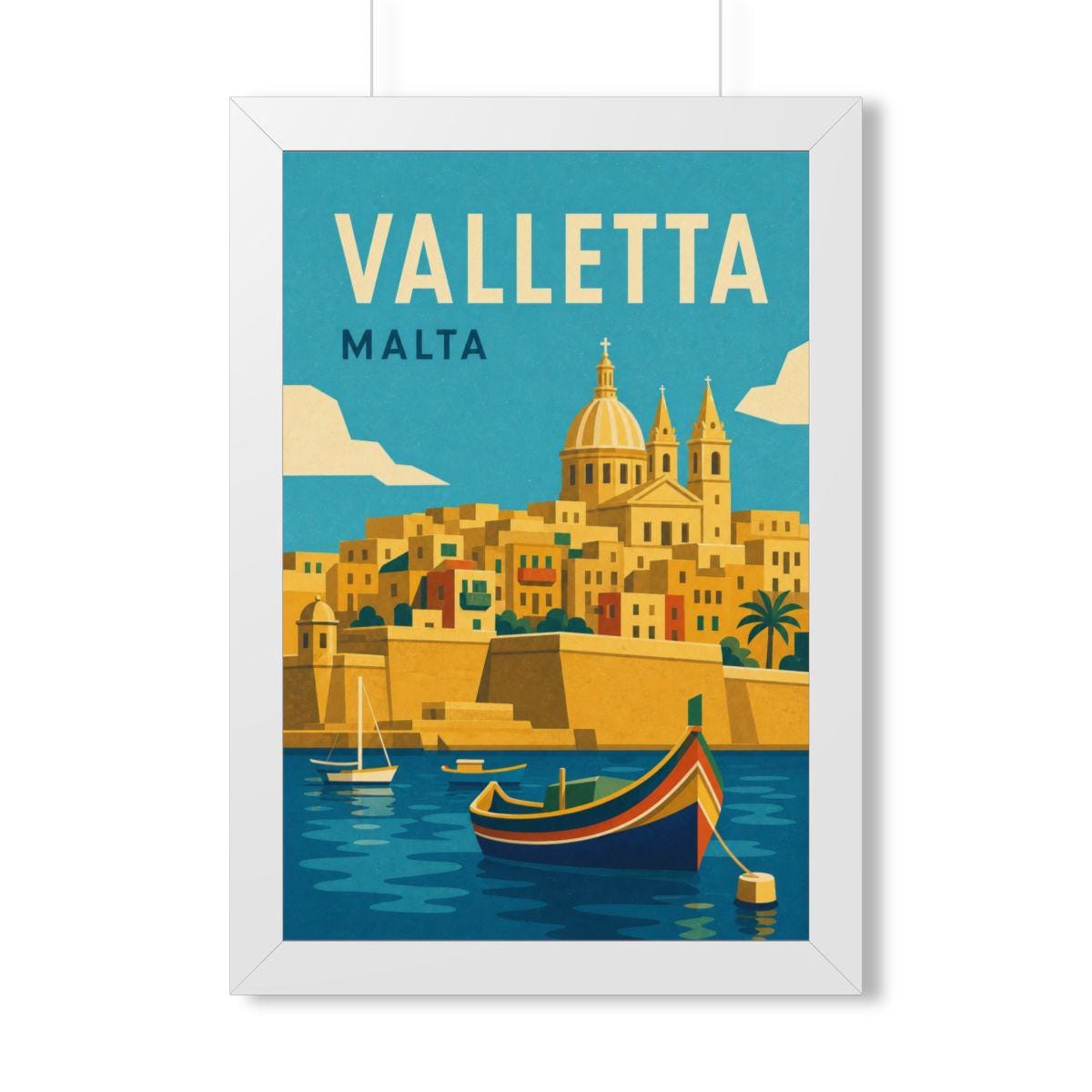 Valletta Malta Framed Poster | Vintage Travel Wall Art | Black Walnut White Frame | 16x24 20x30