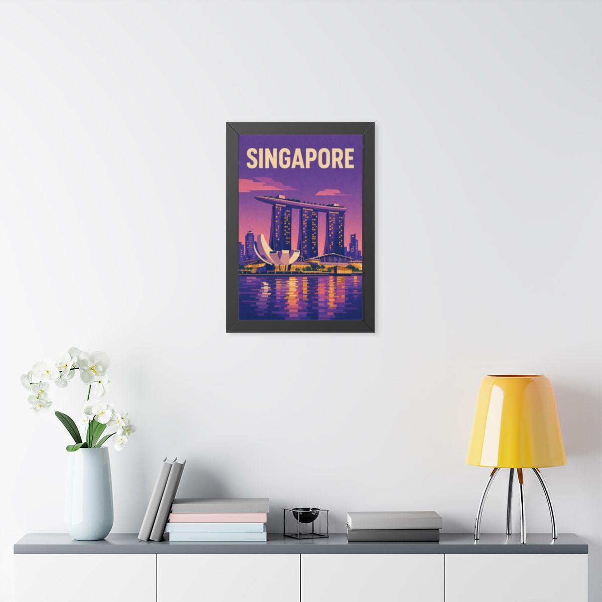 Singapore Marina Bay Singapore Framed Poster | Vintage Travel Wall Art | Black Walnut White Frame | 16x24 20x30