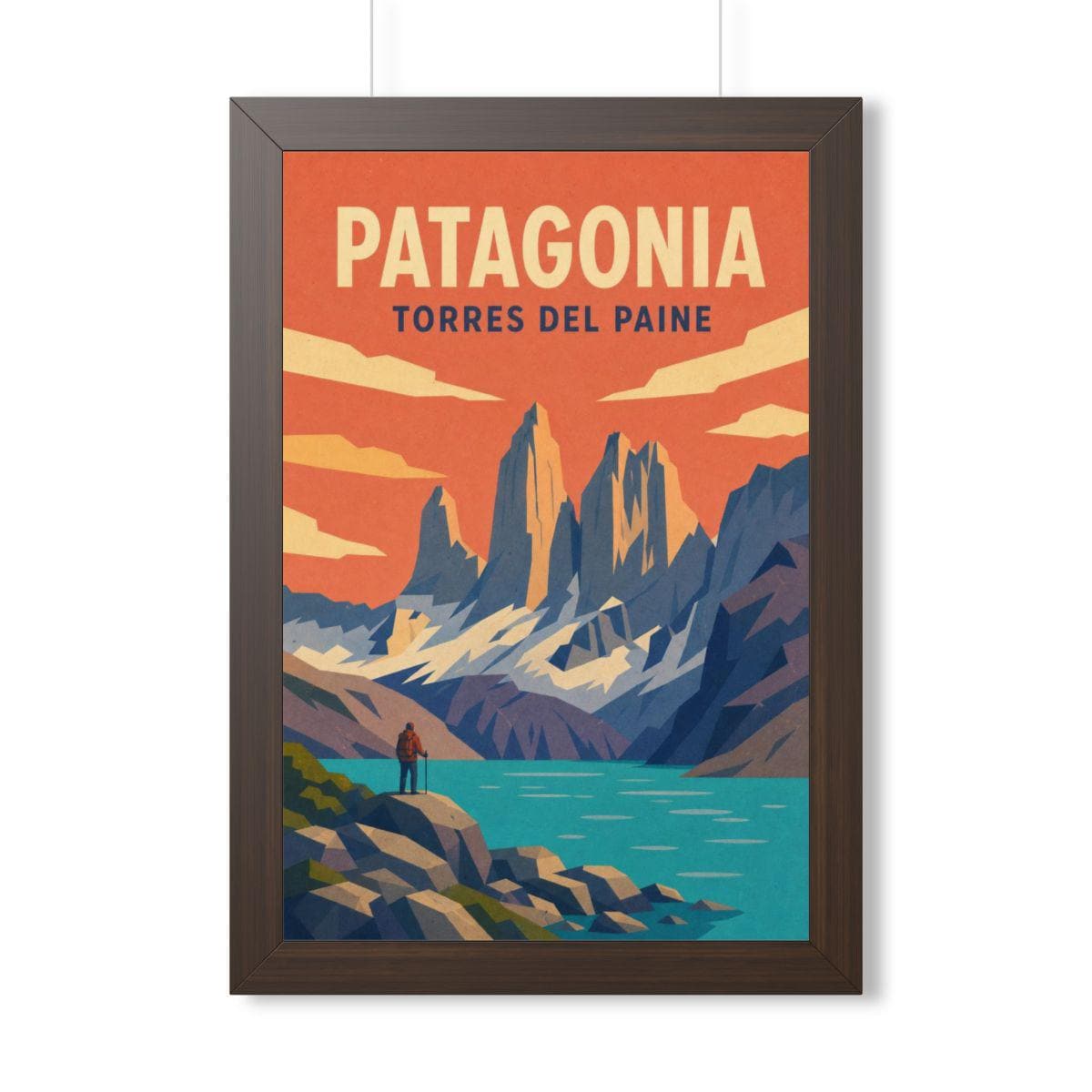 Torres del Paine Chile Framed Poster | Vintage Travel Wall Art | Black Walnut White Frame | 16x24 20x30