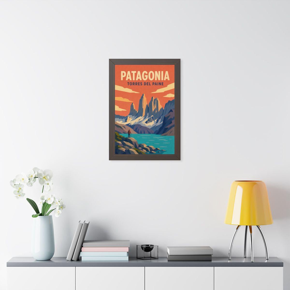 Torres del Paine Chile Framed Poster | Vintage Travel Wall Art | Black Walnut White Frame | 16x24 20x30