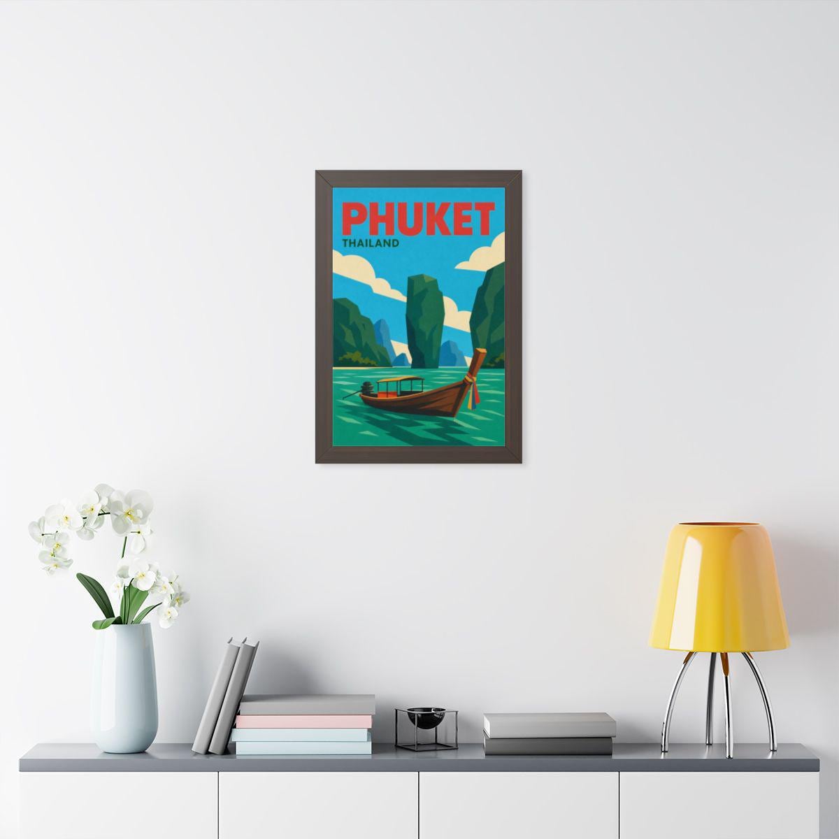 Phuket Thailand Framed Poster | Vintage Travel Wall Art | Black Walnut White Frame | 16x24 20x30