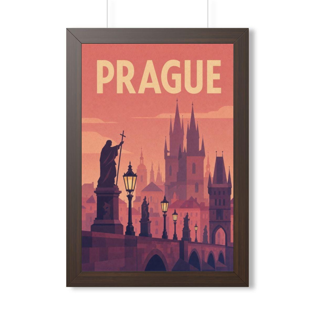 Prague Czechia Framed Poster | Vintage Travel Wall Art | Black Walnut White Frame | 16x24 20x30