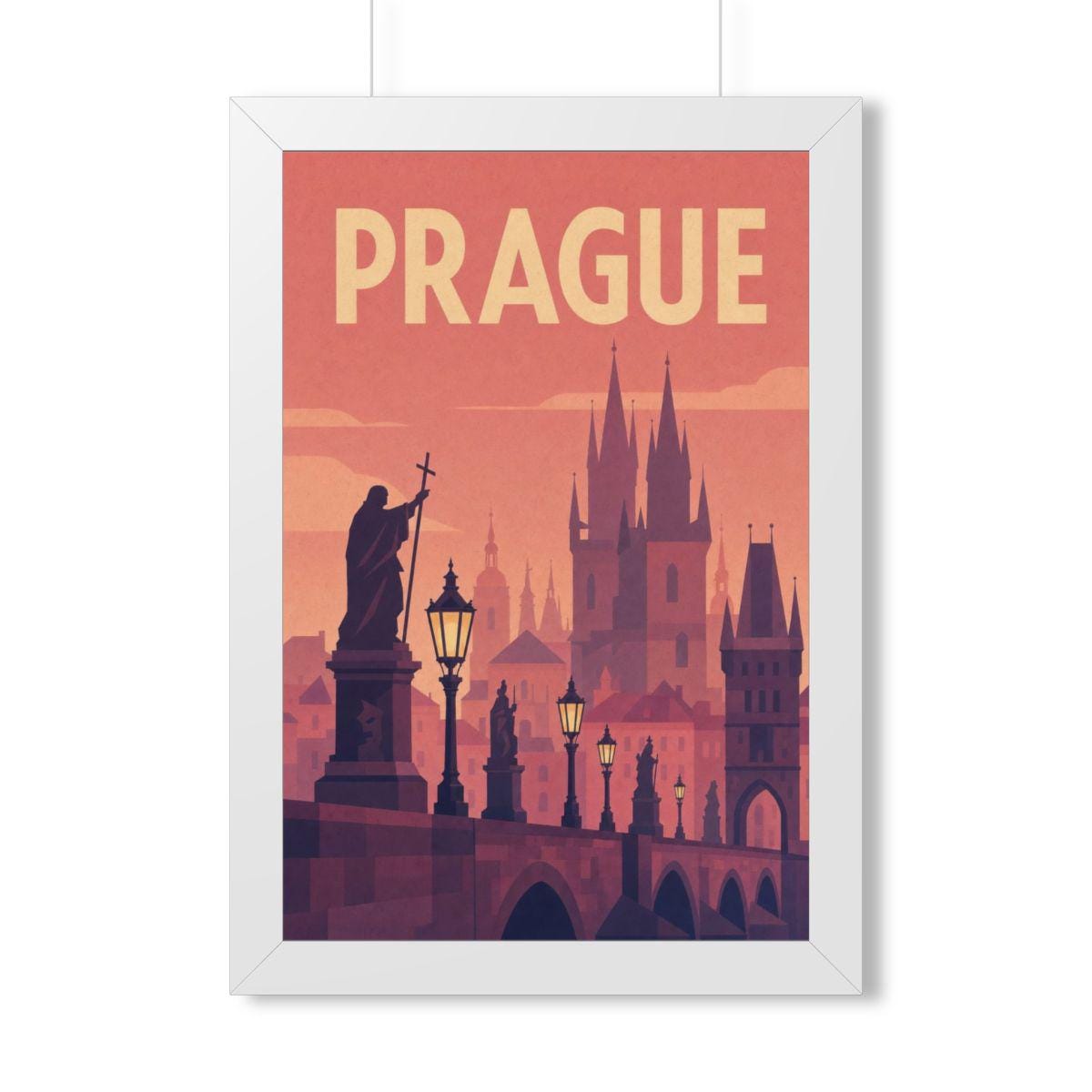 Prague Czechia Framed Poster | Vintage Travel Wall Art | Black Walnut White Frame | 16x24 20x30