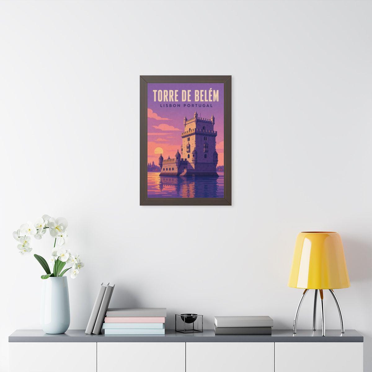 Belém Tower Lisbon Portugal Framed Poster | Vintage Travel Wall Art | Black Walnut White Frame | 16x24 20x30
