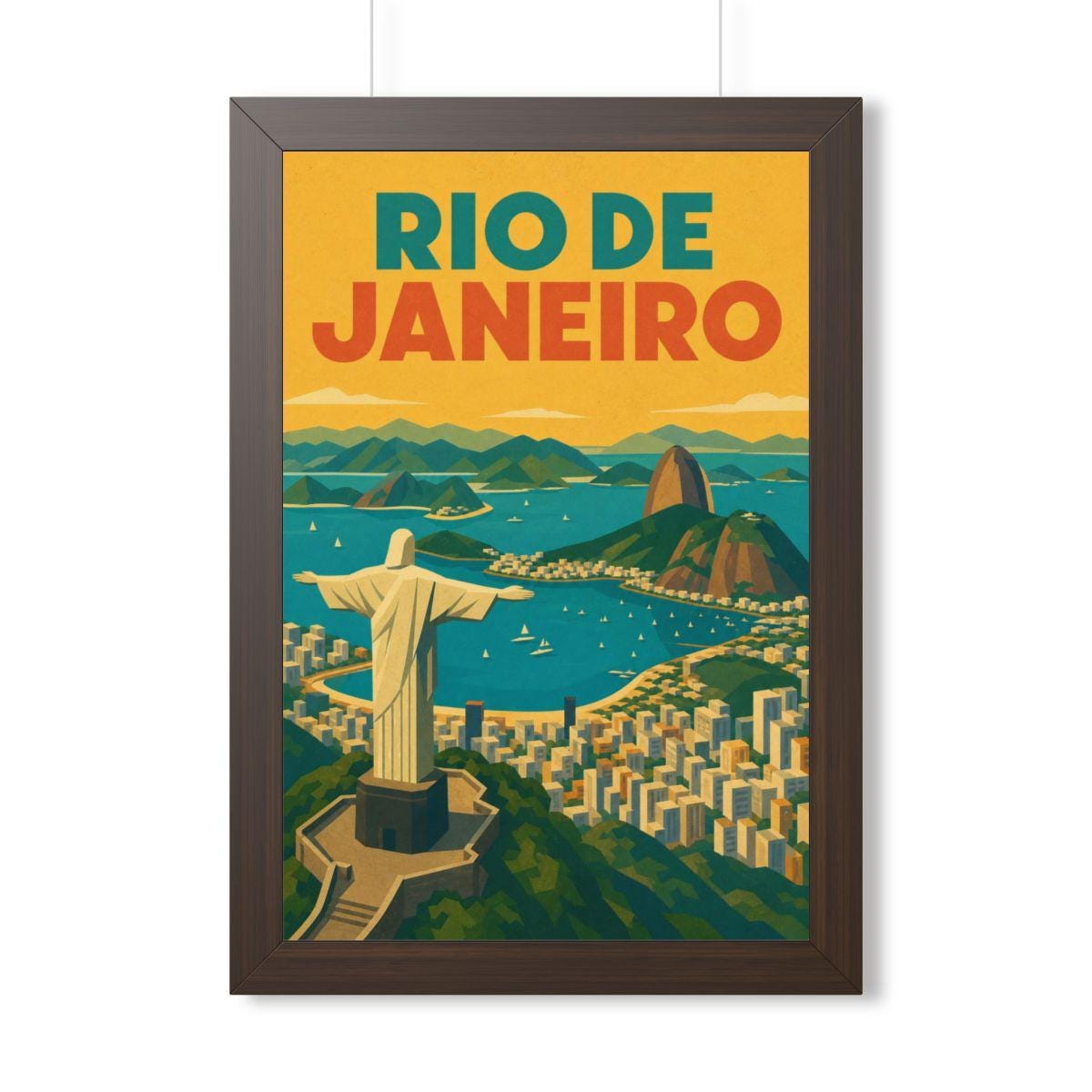 Rio de Janeiro Panorama Brazil Framed Poster | Vintage Travel Wall Art | Black Walnut White Frame | 16x24 20x30