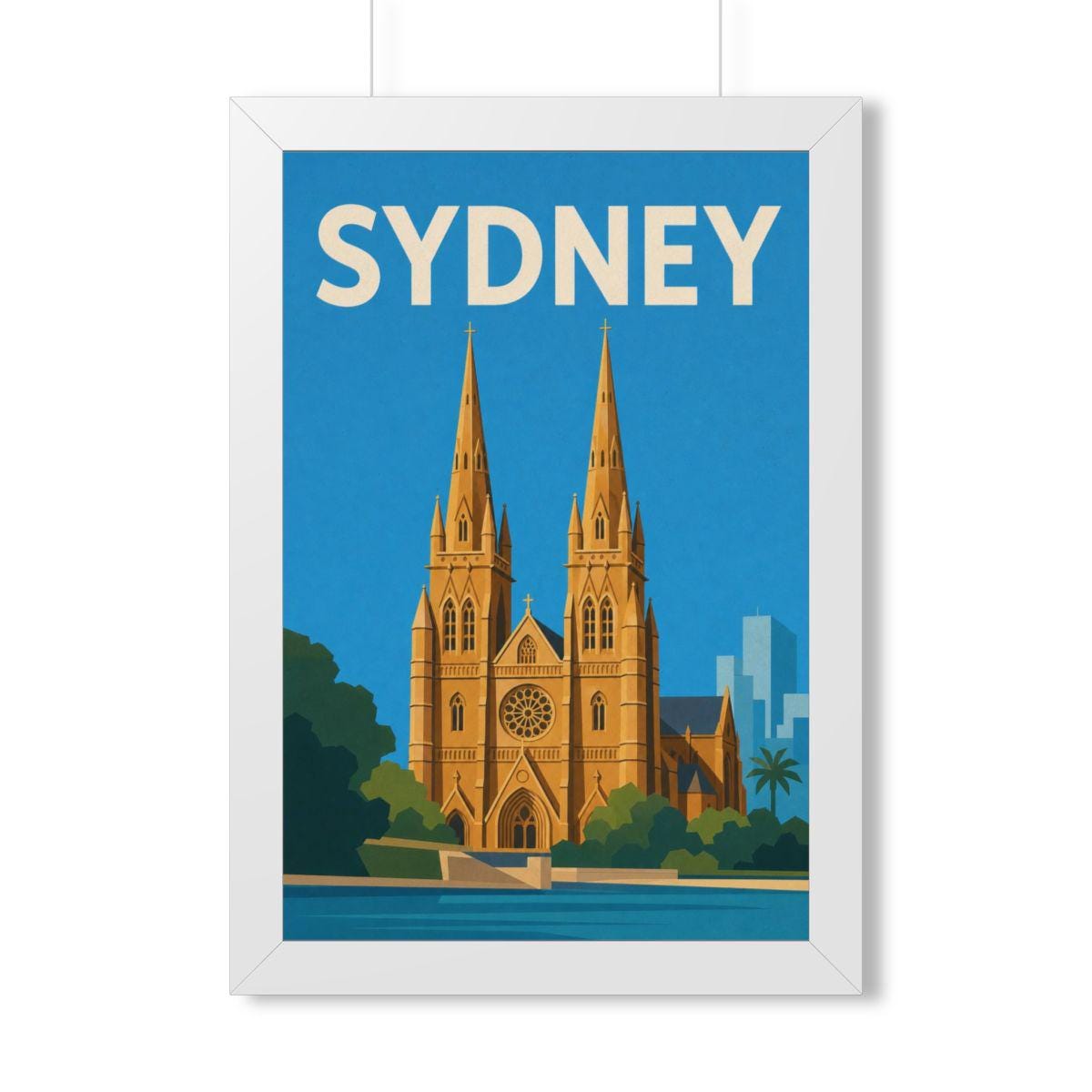 Sydney Cathedral Australia Framed Poster | Vintage Travel Wall Art | Black Walnut White Frame | 16x24 20x30