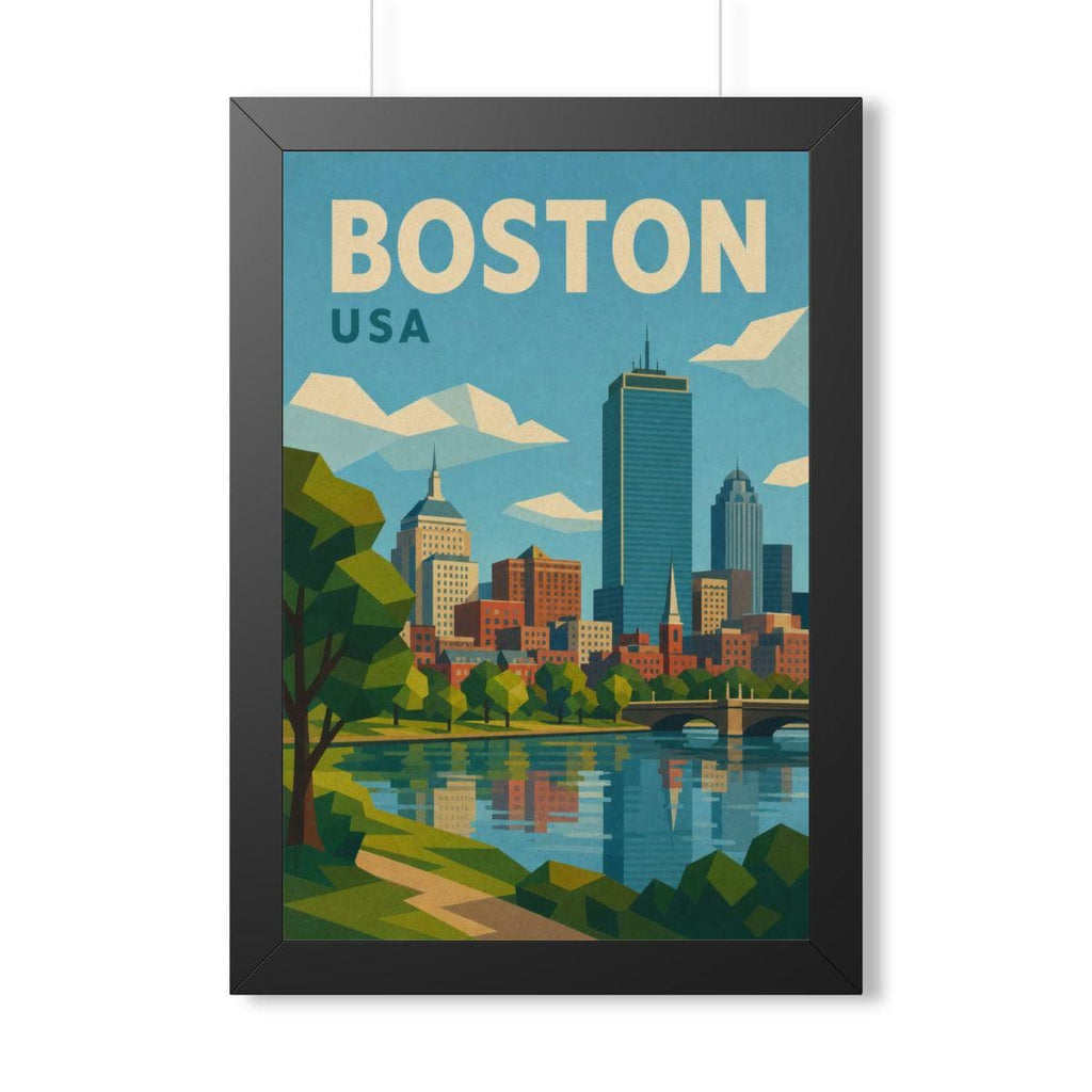 Boston Skyline United States Framed Poster | Vintage Travel Wall Art | Black Walnut White Frame | 16x24 20x30