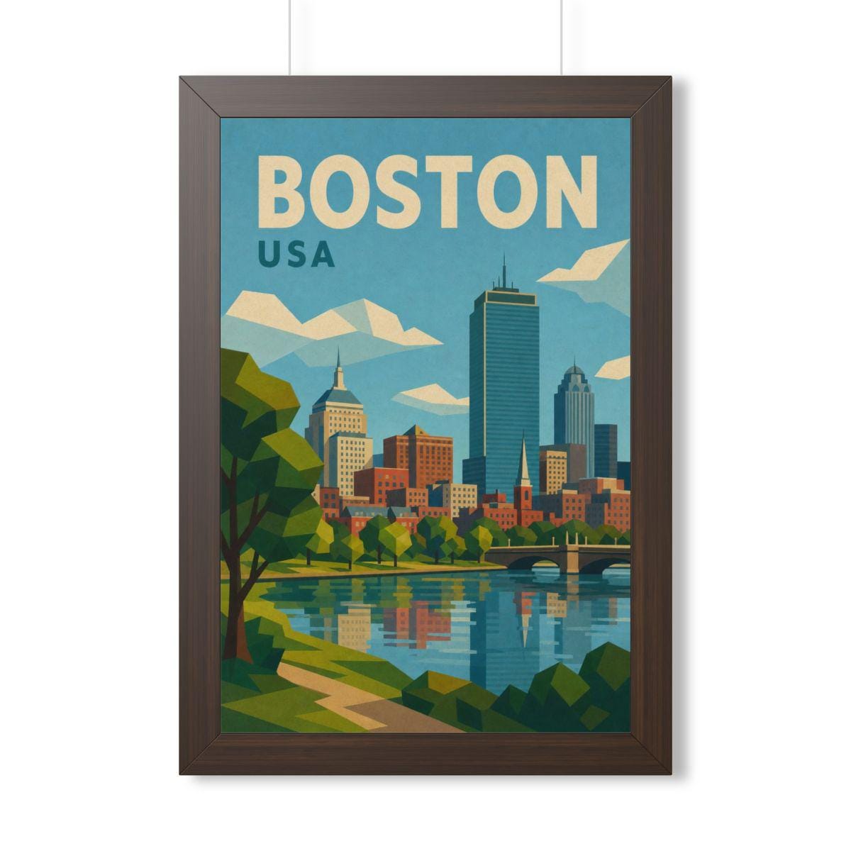 Boston Skyline United States Framed Poster | Vintage Travel Wall Art | Black Walnut White Frame | 16x24 20x30