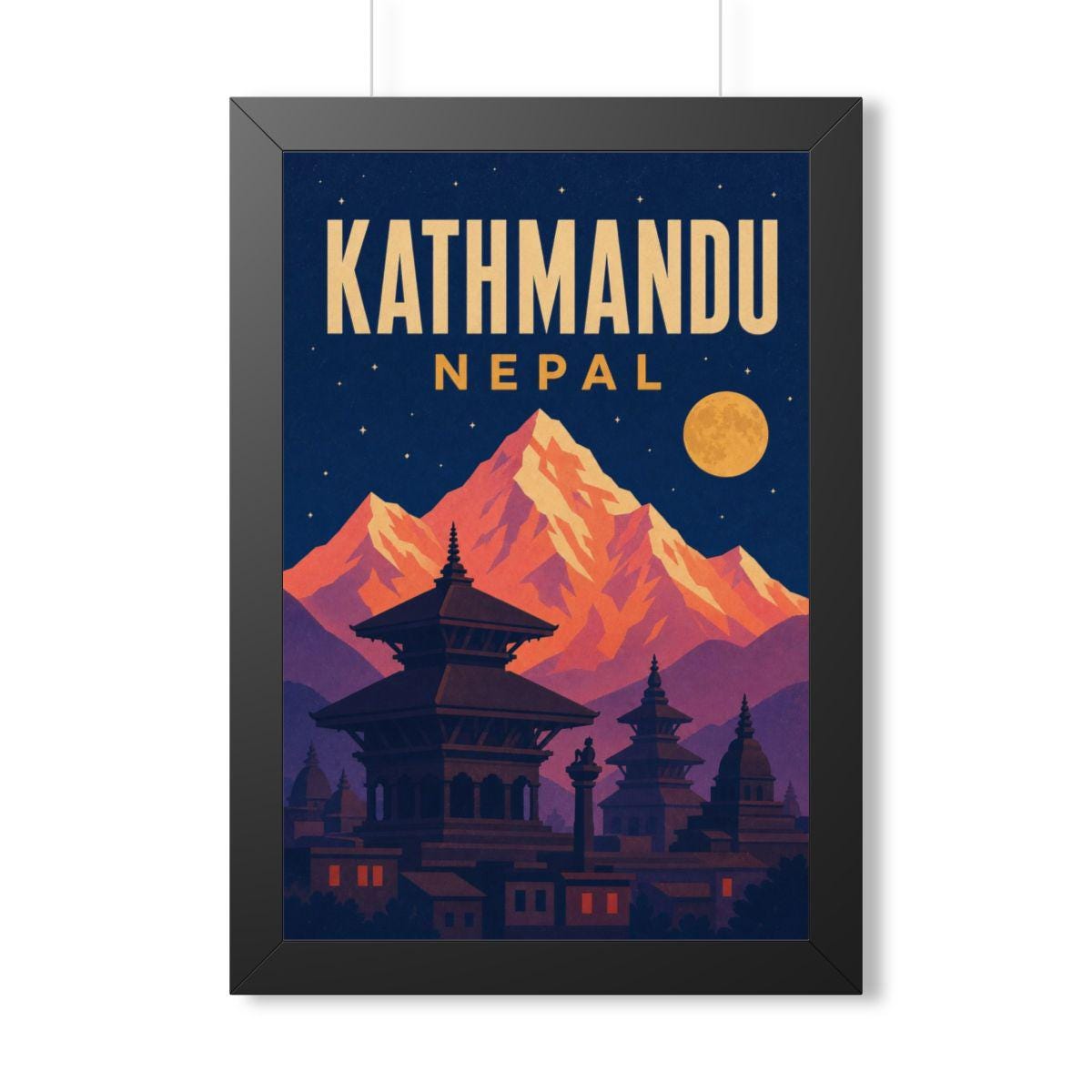 Kathmandu Nepal Framed Poster | Vintage Travel Wall Art | Black Walnut White Frame | 16x24 20x30