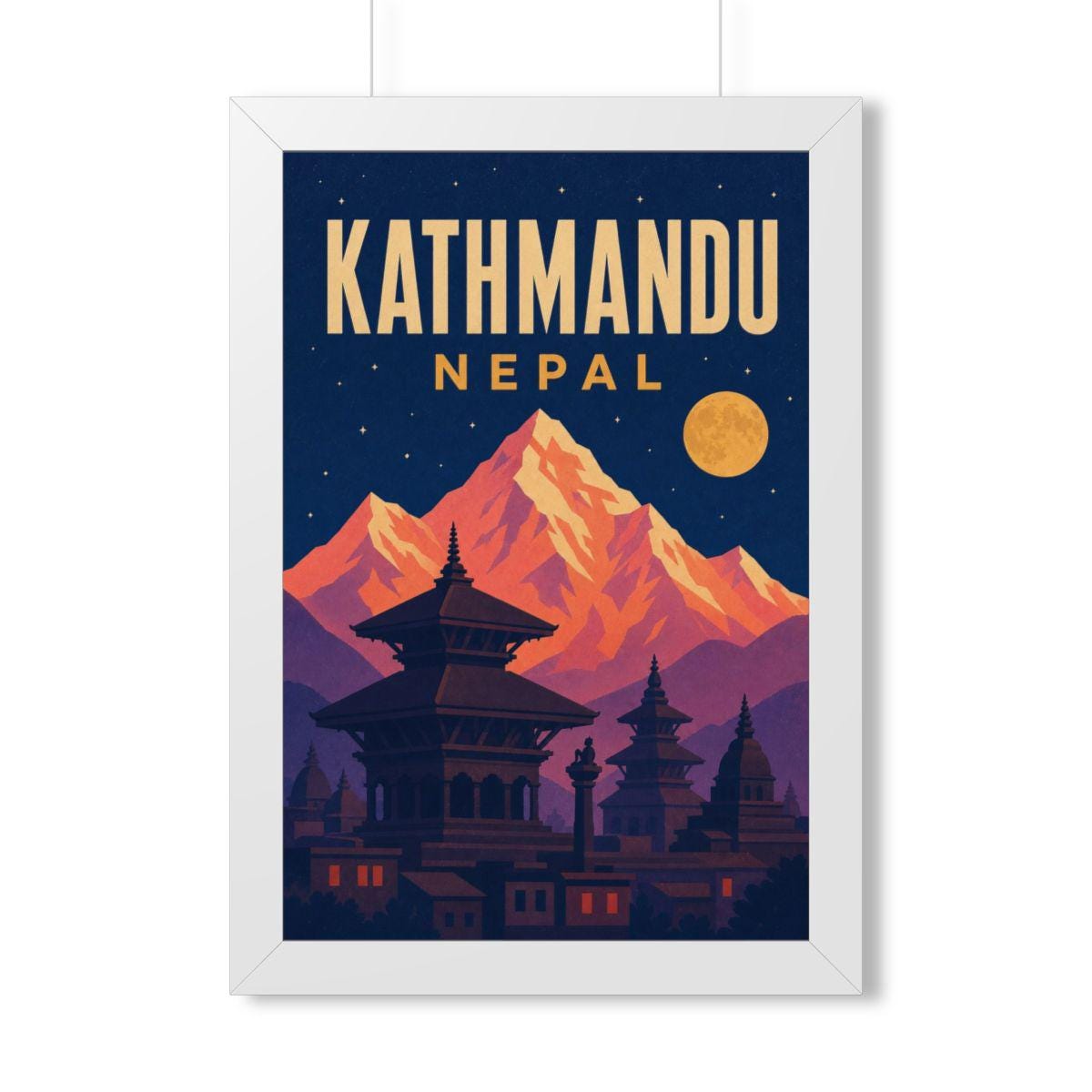 Kathmandu Nepal Framed Poster | Vintage Travel Wall Art | Black Walnut White Frame | 16x24 20x30