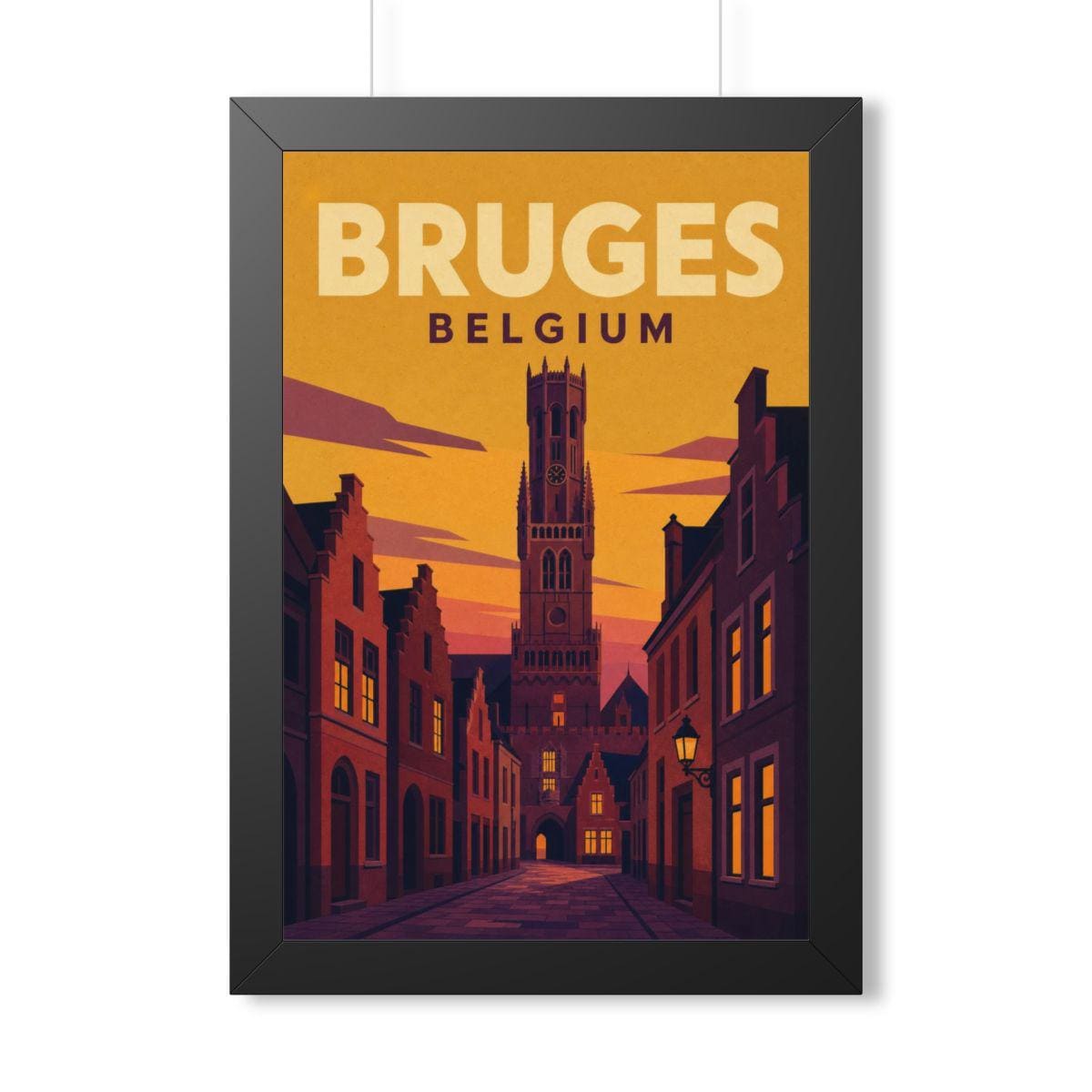 Bruges Belgium Framed Poster | Vintage Travel Wall Art | Black Walnut White Frame | 16x24 20x30