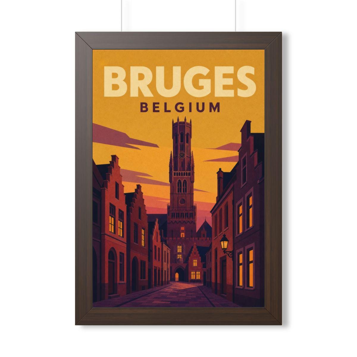 Bruges Belgium Framed Poster | Vintage Travel Wall Art | Black Walnut White Frame | 16x24 20x30