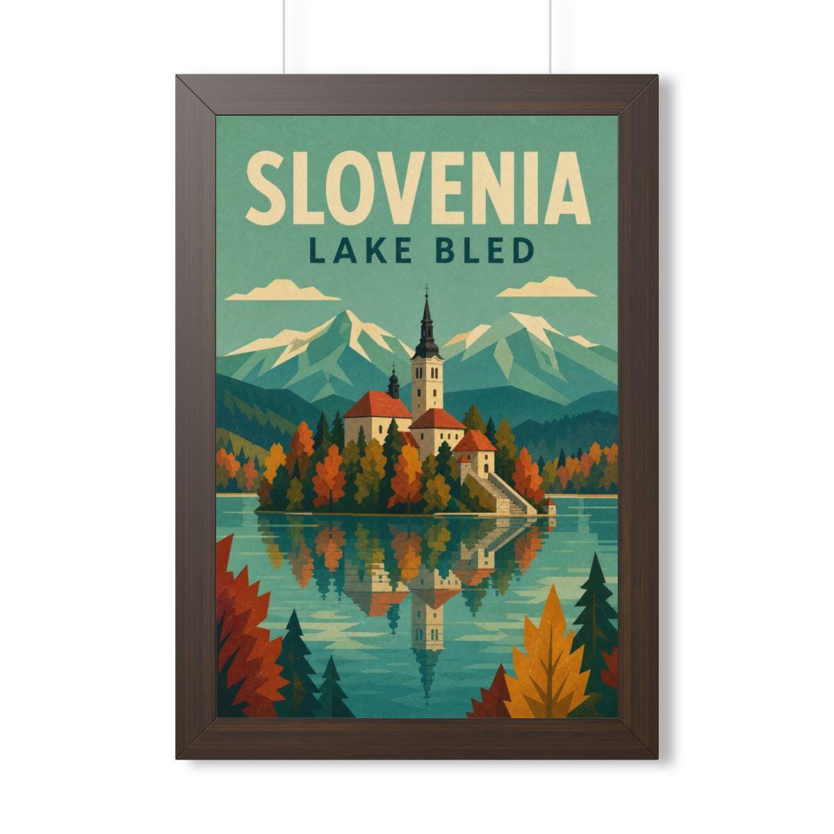 Lake Bled Slovenia Framed Poster | Vintage Travel Wall Art | Black Walnut White Frame | 16x24 20x30