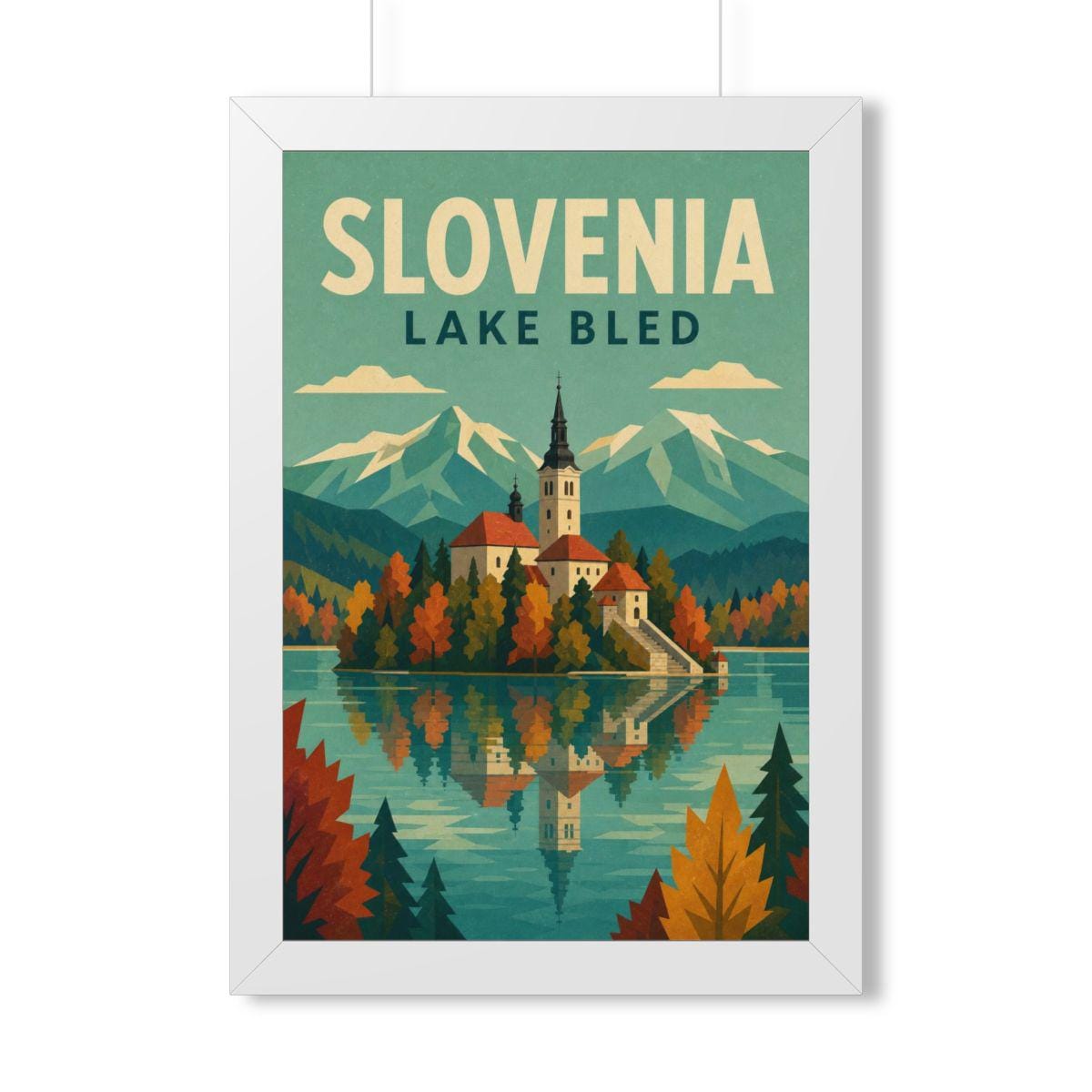 Lake Bled Slovenia Framed Poster | Vintage Travel Wall Art | Black Walnut White Frame | 16x24 20x30