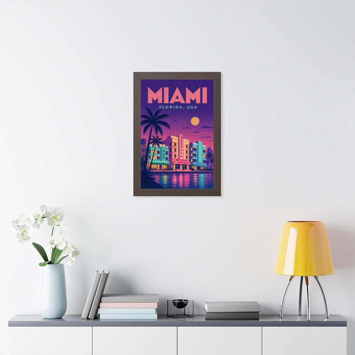 Miami Beach United States Framed Poster | Vintage Travel Wall Art | Black Walnut White Frame | 16x24 20x30