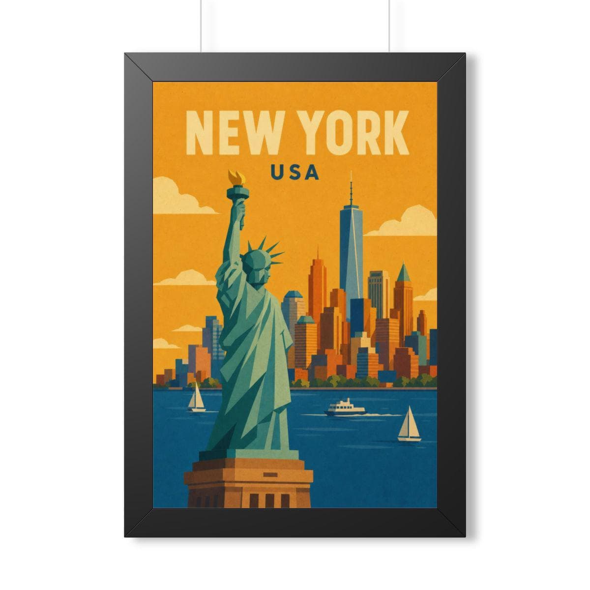 New York Statue of Liberty United States Framed Poster | Vintage Travel Wall Art | Black Walnut White Frame | 16x24 20x30