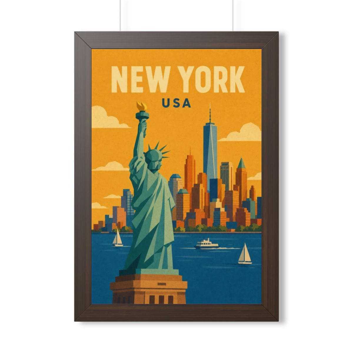 New York Statue of Liberty United States Framed Poster | Vintage Travel Wall Art | Black Walnut White Frame | 16x24 20x30