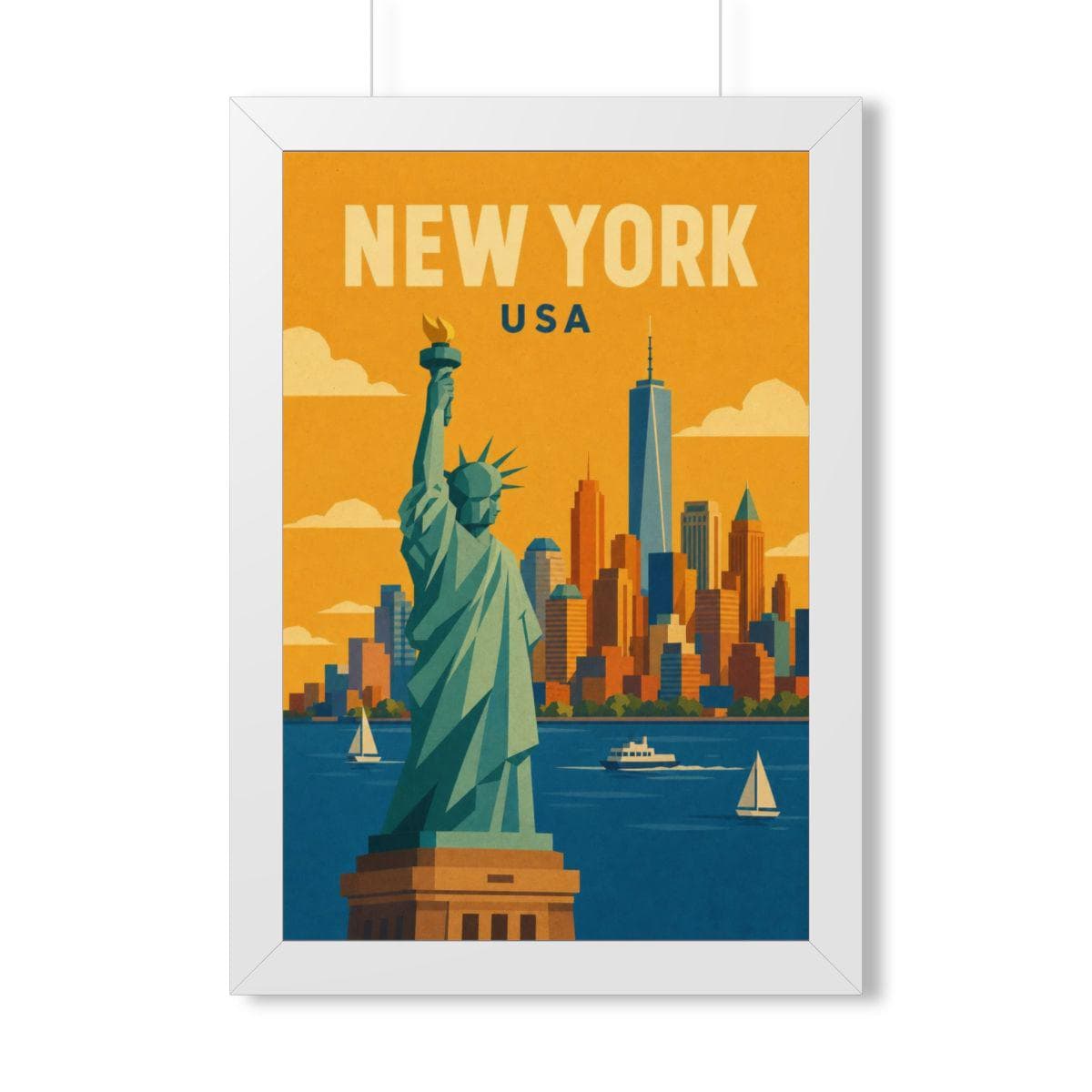 New York Statue of Liberty United States Framed Poster | Vintage Travel Wall Art | Black Walnut White Frame | 16x24 20x30
