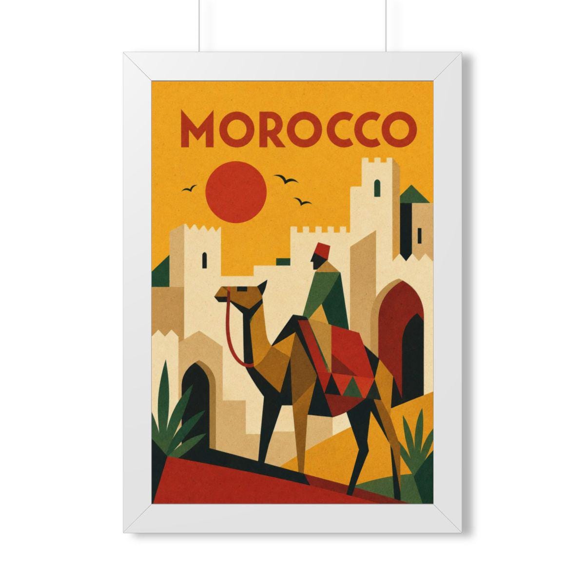 Morocco Camel Morocco Framed Poster | Vintage Travel Wall Art | Black Walnut White Frame | 16x24 20x30