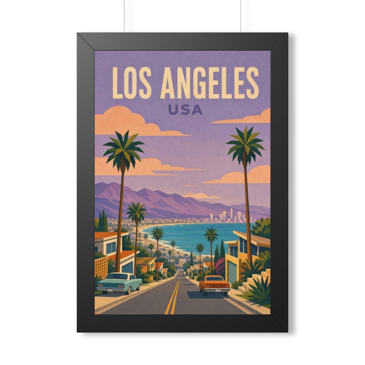 Los Angeles Coast United States Framed Poster | Vintage Travel Wall Art | Black Walnut White Frame | 16x24 20x30