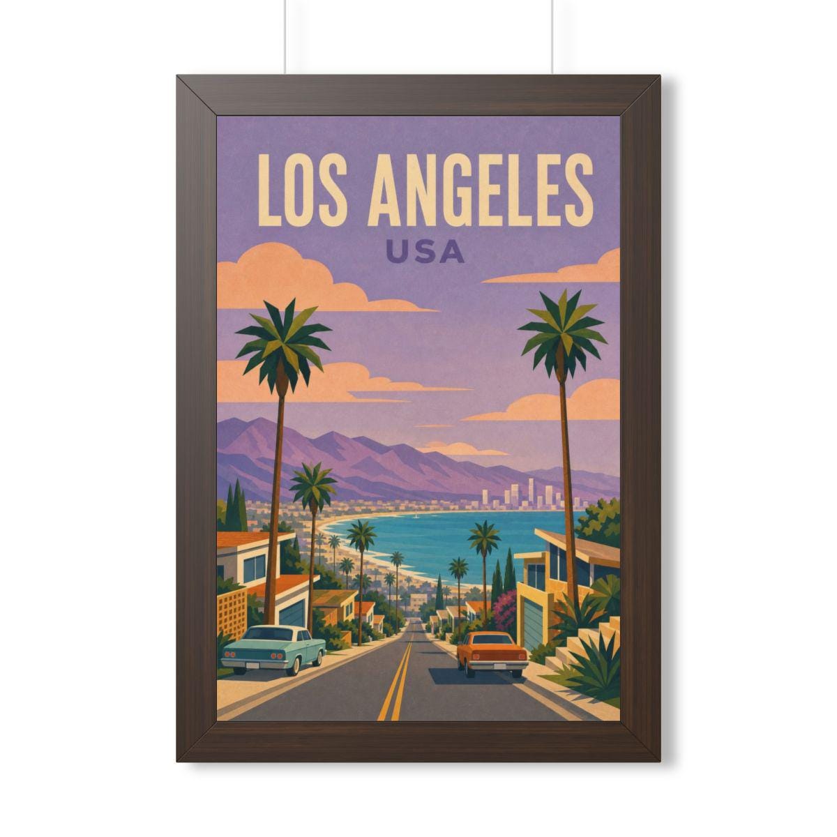 Los Angeles Coast United States Framed Poster | Vintage Travel Wall Art | Black Walnut White Frame | 16x24 20x30