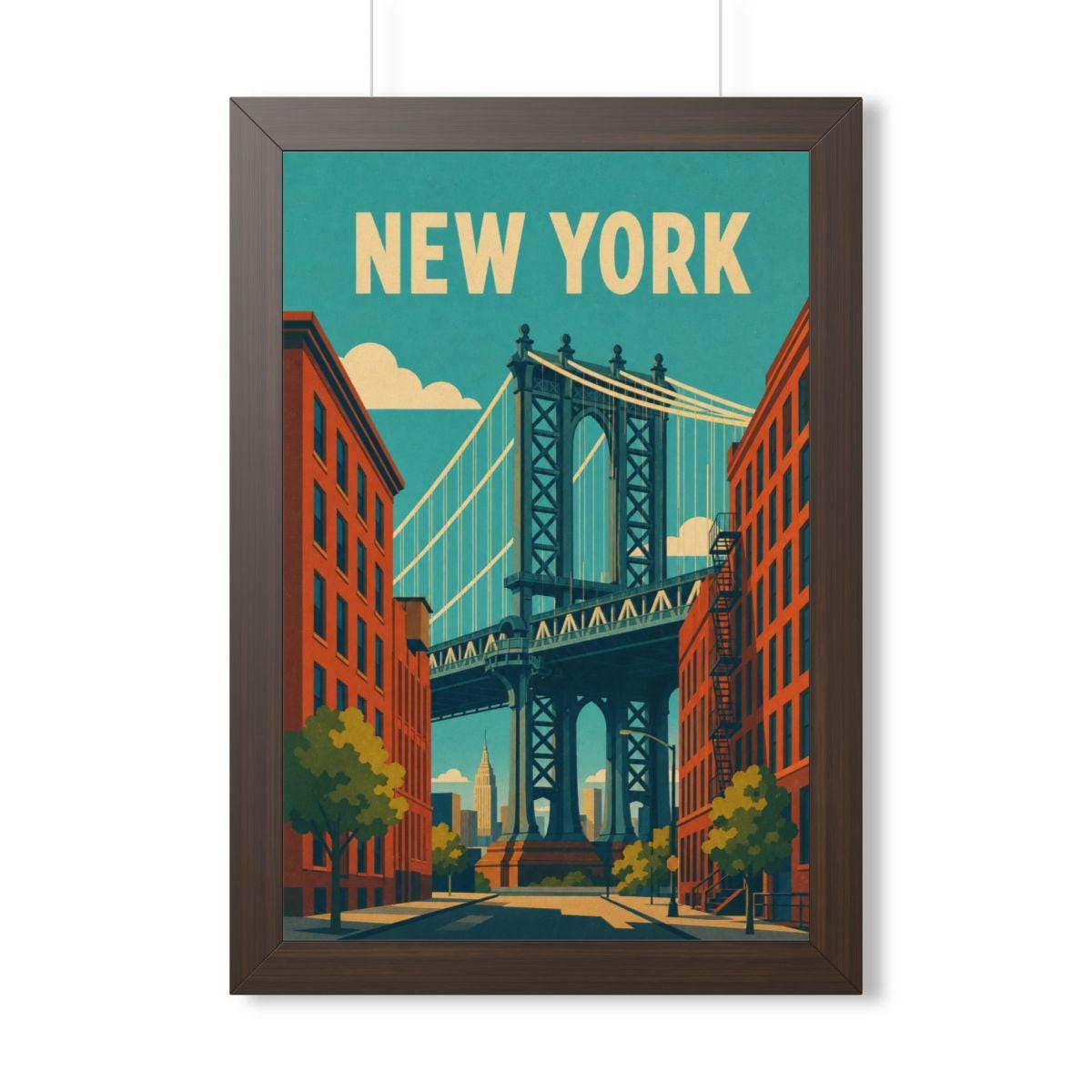 Manhattan Bridge New York United States Framed Poster | Vintage Travel Wall Art | Black Walnut White Frame | 16x24 20x30