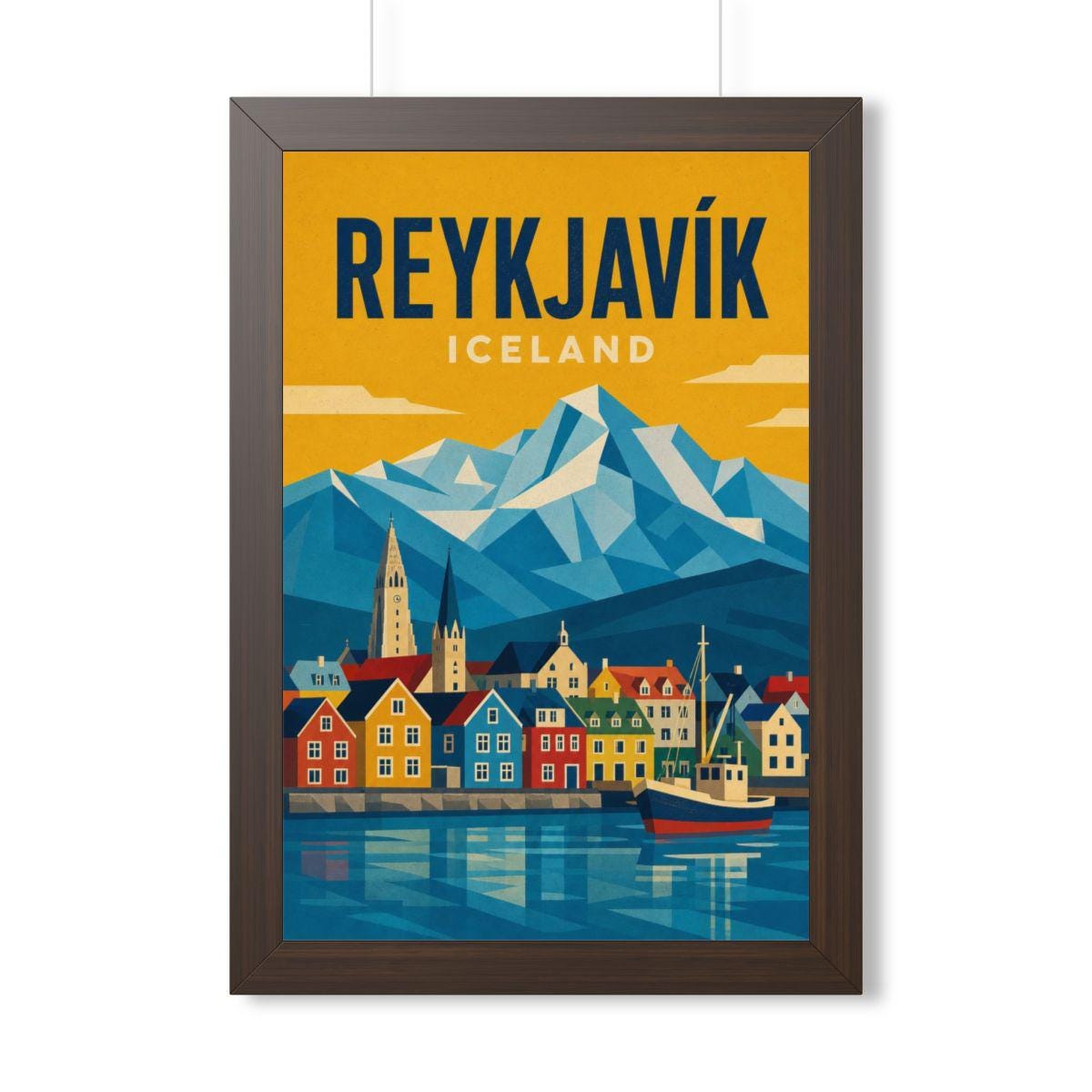 Reykjavík Iceland Framed Poster | Vintage Travel Wall Art | Black Walnut White Frame | 16x24 20x30