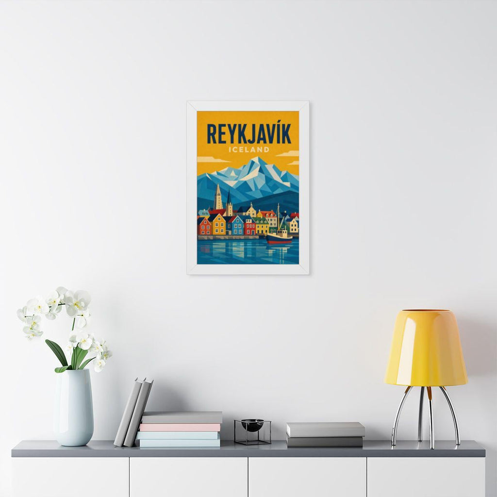 Reykjavík Iceland Framed Poster | Vintage Travel Wall Art | Black Walnut White Frame | 16x24 20x30