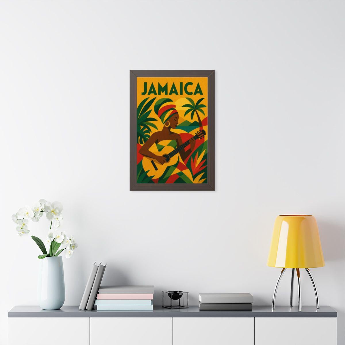 Jamaica Music Jamaica Framed Poster | Vintage Travel Wall Art | Black Walnut White Frame | 16x24 20x30