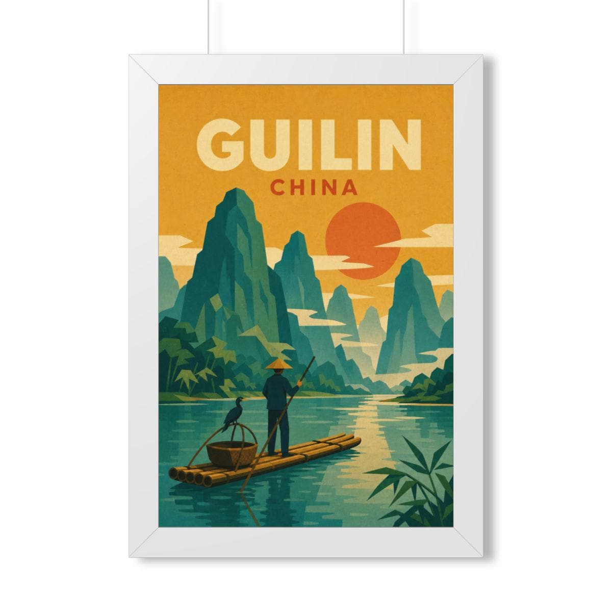 Guilin China Framed Poster | Vintage Travel Wall Art | Black Walnut White Frame | 16x24 20x30