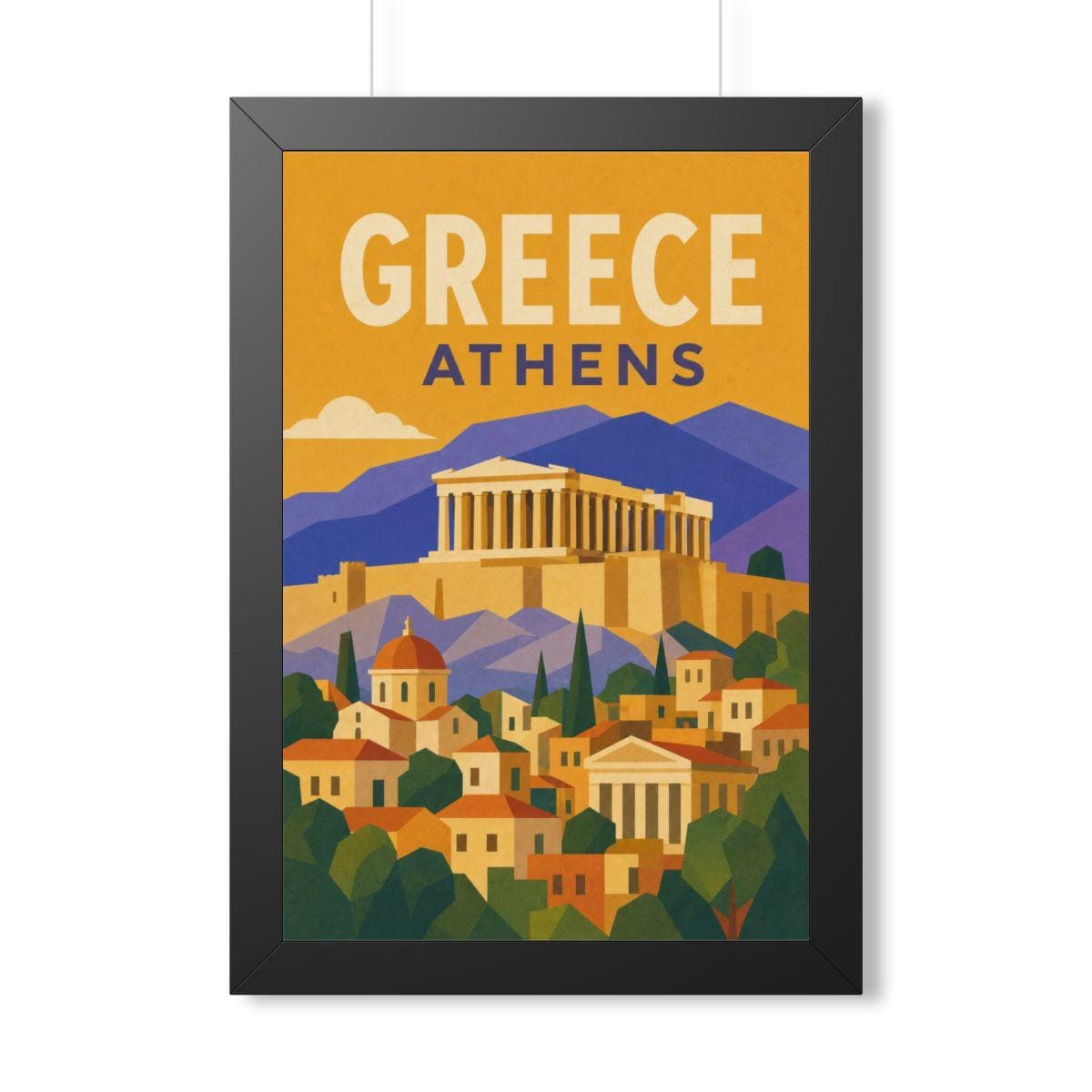 Athens Greece Framed Poster | Vintage Travel Wall Art | Black Walnut White Frame | 16x24 20x30