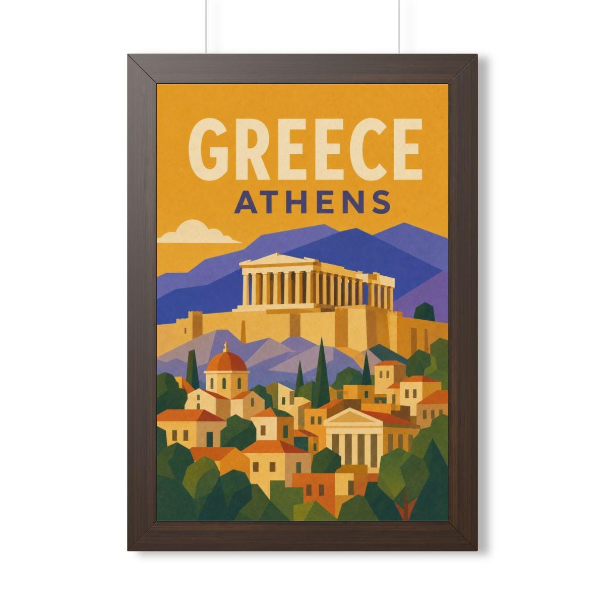 Athens Greece Framed Poster | Vintage Travel Wall Art | Black Walnut White Frame | 16x24 20x30
