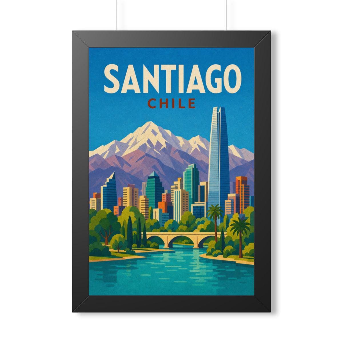 Santiago Chile Framed Poster | Vintage Travel Wall Art | Black Walnut White Frame | 16x24 20x30