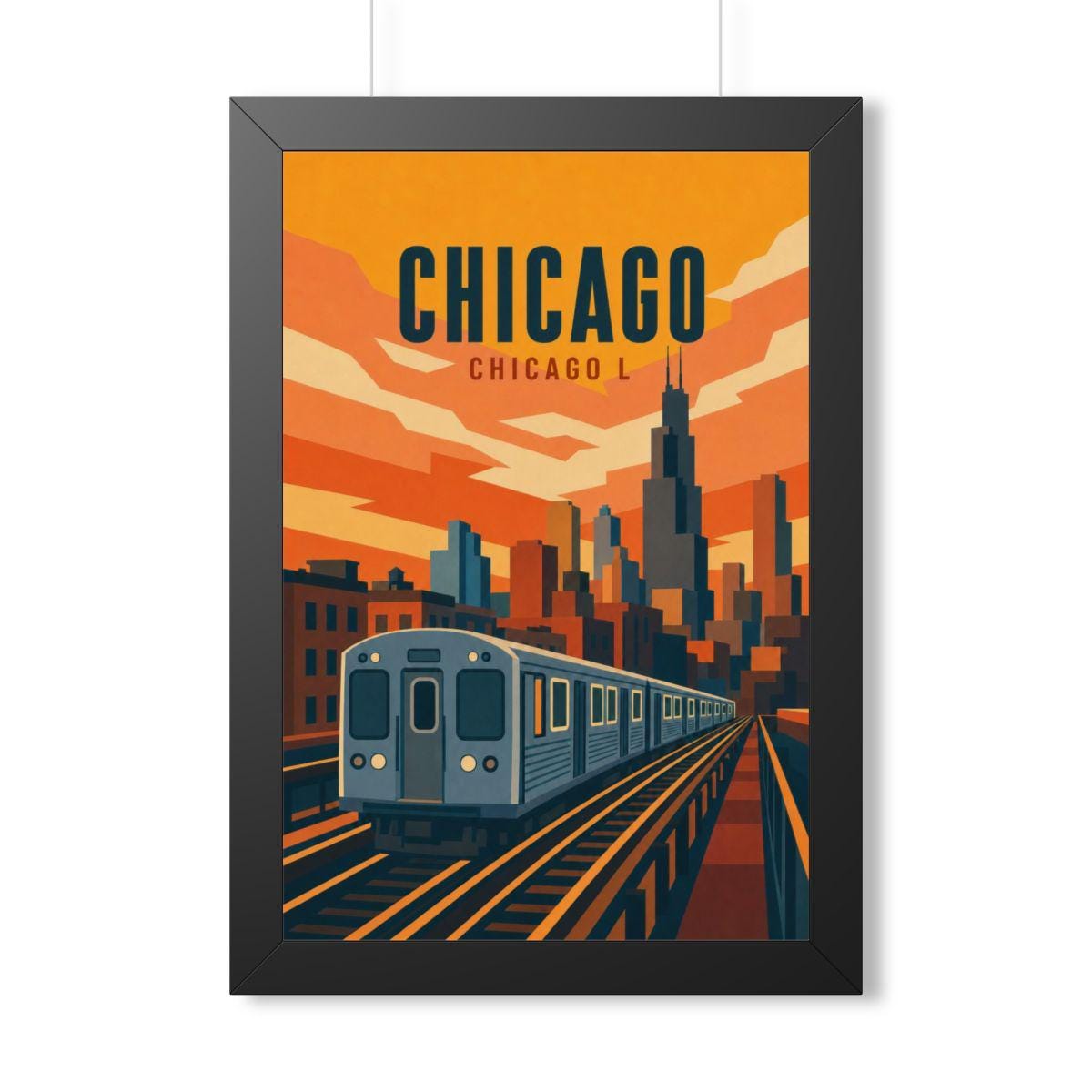 Chicago L Train United States Framed Poster | Vintage Travel Wall Art | Black Walnut White Frame | 16x24 20x30