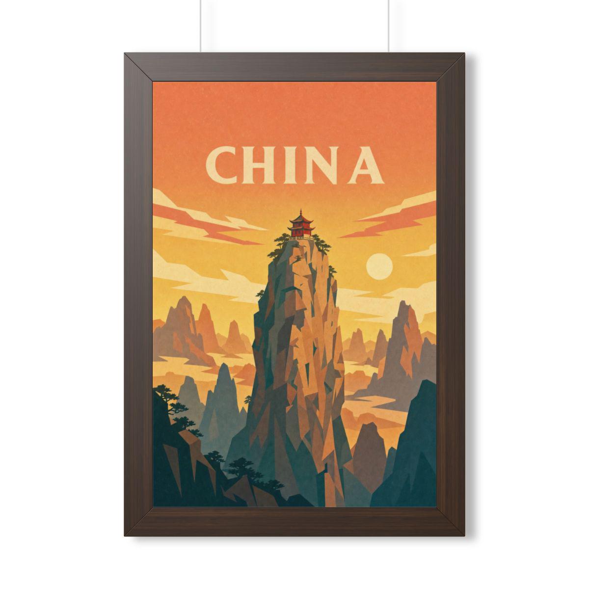 China Mountain Temple China Framed Poster | Vintage Travel Wall Art | Black Walnut White Frame | 16x24 20x30