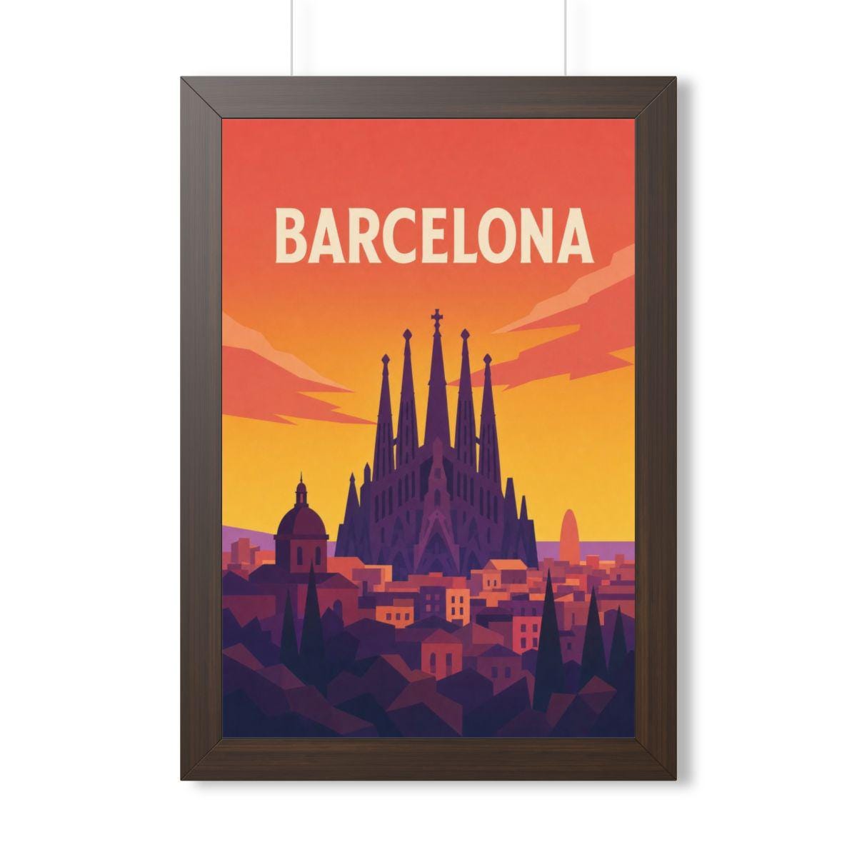 Barcelona Spain Framed Poster | Vintage Travel Wall Art | Black Walnut White Frame | 16x24 20x30