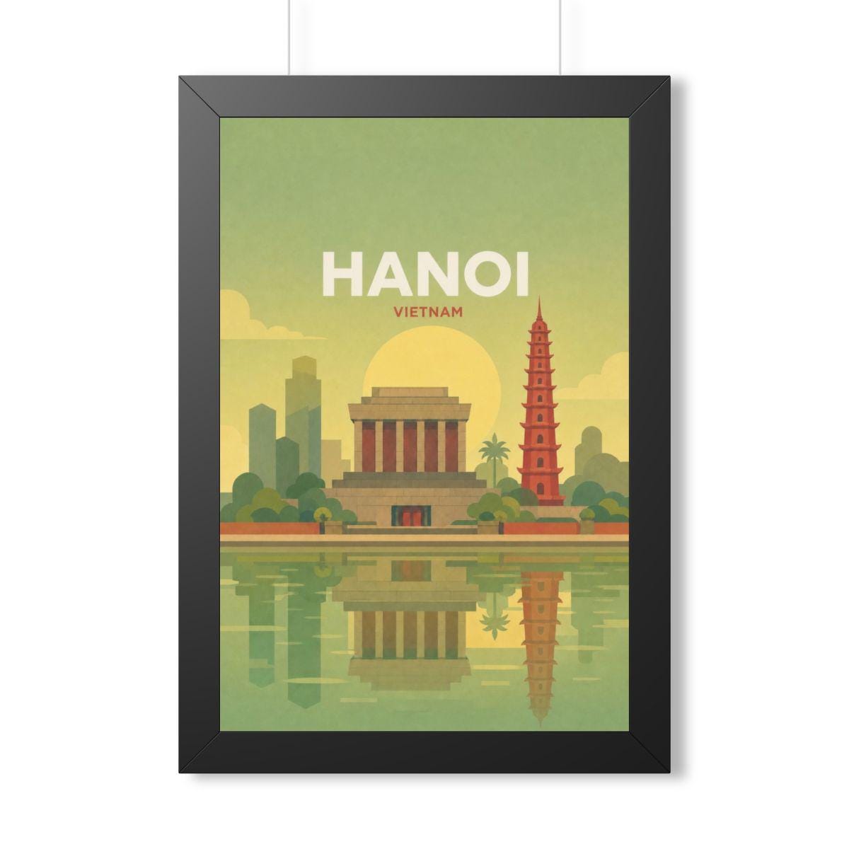 Hanoi Vietnam Framed Poster | Vintage Travel Wall Art | Black Walnut White Frame | 16x24 20x30