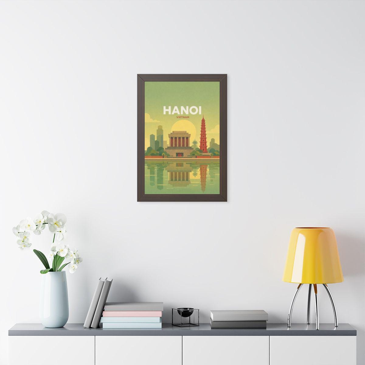 Hanoi Vietnam Framed Poster | Vintage Travel Wall Art | Black Walnut White Frame | 16x24 20x30