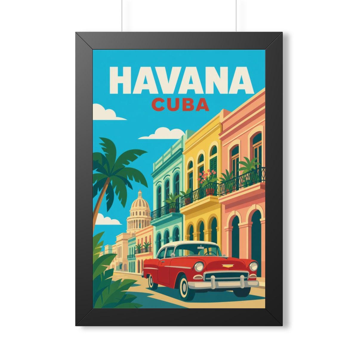 Havana Cuba Framed Poster | Vintage Travel Wall Art | Black Walnut White Frame | 16x24 20x30